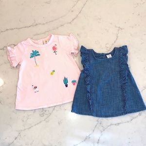 TWO 2 Baby Girl’s Tops- Chambray Ruffle and Pink Tropical (6-12m)